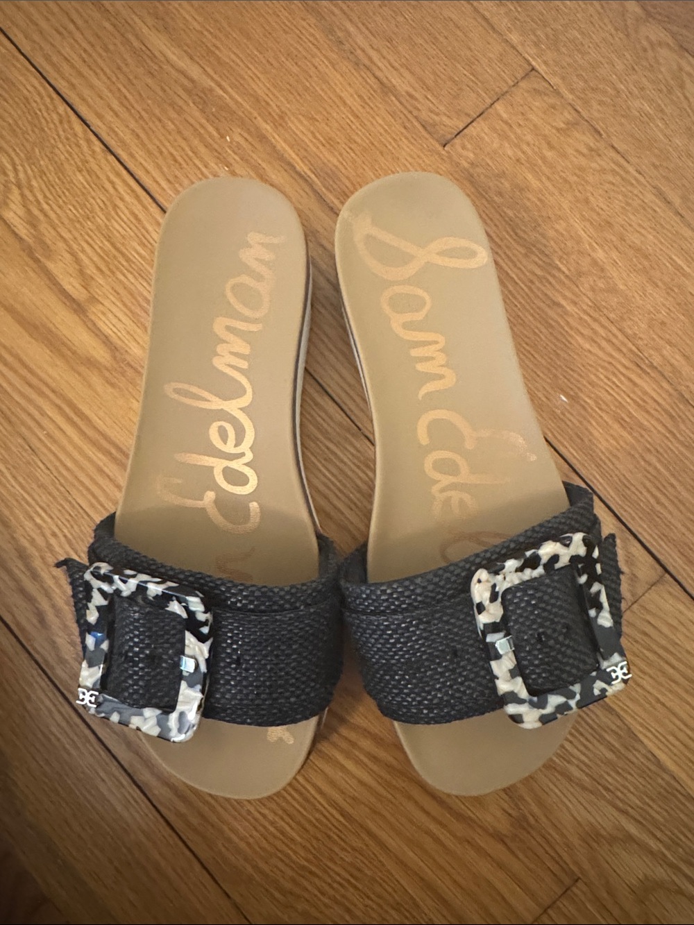 Sam Edelman Black Slide Sandals with Patterned Buckle